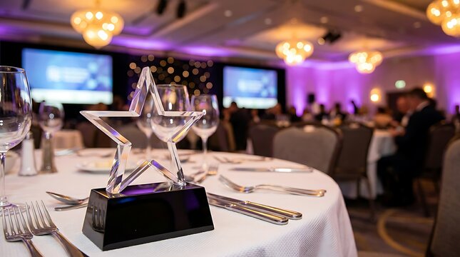 Crystal star award trophy on table at gala dinner event banquet room with blurred people background and elegant lighting for business recognition ceremony night.