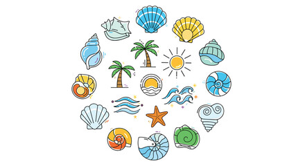 Fototapeta premium Circular arrangement of tropical beach icons featuring diverse sea shells, palm trees, ocean waves, a bright sun, and a starfish.