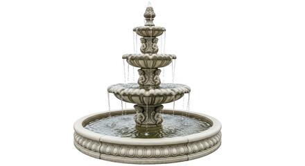 Fototapeta premium Large stone tiered garden fountain with flowing water for outdoor landscaping and park decoration isolated on transparent background