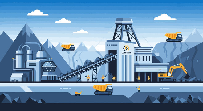Pixel Art Coal Mining Operation: Trucks, Excavator, Conveyor Belt, and Mountains