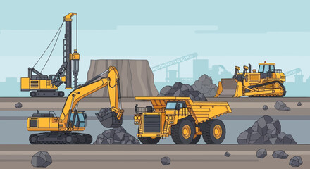 Heavy Construction Equipment in Open Pit Mine Scene with Coal and Excavators © Kuri