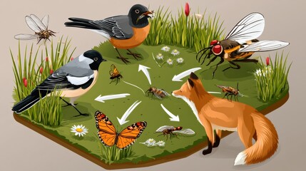 Fototapeta premium A food web in a meadow with grass, insects, birds, and a fox. Arrows connect different species showing feeding relationships.