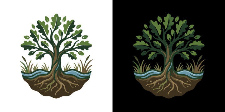 Oak tree with exposed roots and grass, symbolizing growth, nature, and life, presented on both white and black backgrounds