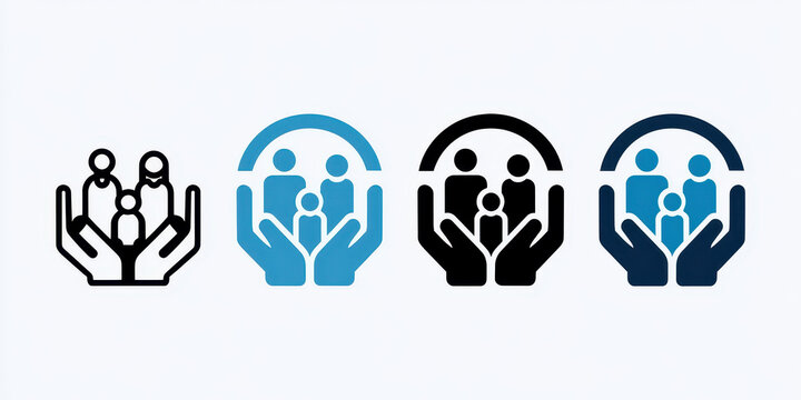 Protective Family Icons: Monochrome, Blue, Silhouette, and Dark Blue Variations on White Background for Design Use