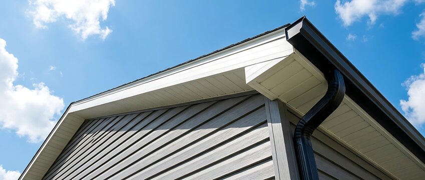 Close-up of house corner with white fascia and black gutter system against blue sky and clouds, detailed view of residential exterior home construction, architectural elements.