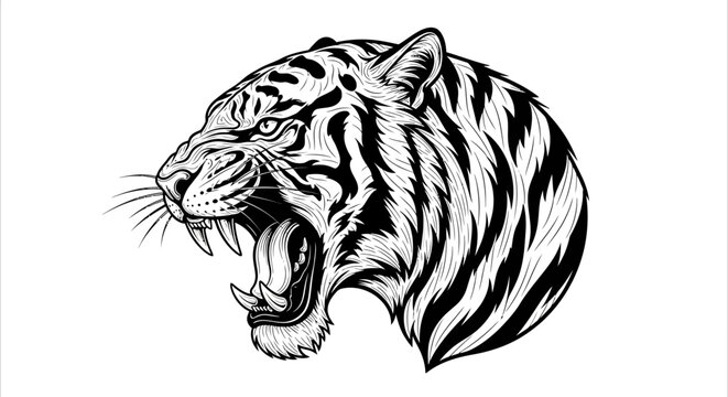 Black and white tiger head roaring.