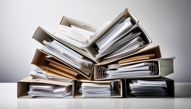 legal challenges unleashed minimalistwhite background boxes and folders overflowing with paperwork on bright white background
