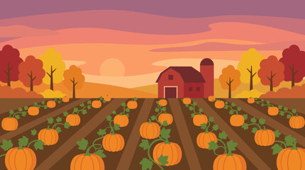 Autumn Pumpkin Patch Landscape with Red Barn and Silo at Sunset, Flat Vector Illustration © Oktafianto