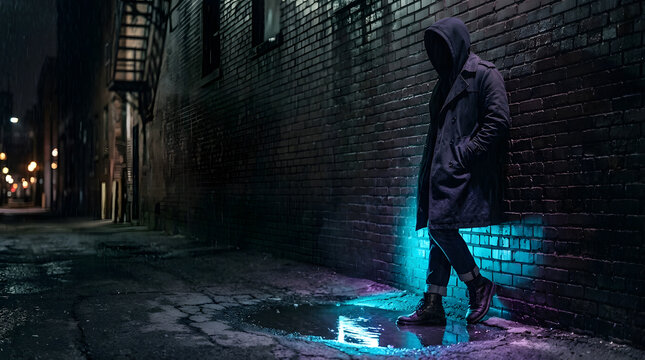 Mysterious hooded man leaning on brick wall in dark rainy alley.