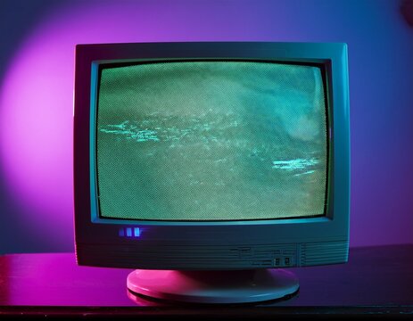 old school crt monitor displaying green and purple static noise retro computer screen with glitch effect symbolizing data error and technology
