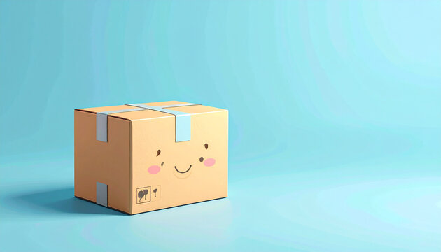 Smiling cardboard box with pink cheeks and brown eyes isolated