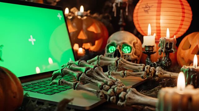 Spooky Skeleton Working on Laptop with Green Screen on Halloween Night.