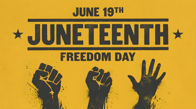 Juneteenth Celebration Scene with Raised Fists and Freedom Day Banner