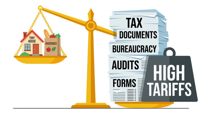 High tariffs and tax documents weighing down on scale against basic needs vector illustration.
