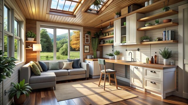 A tiny home room with multifunctional furniture for smart space usage