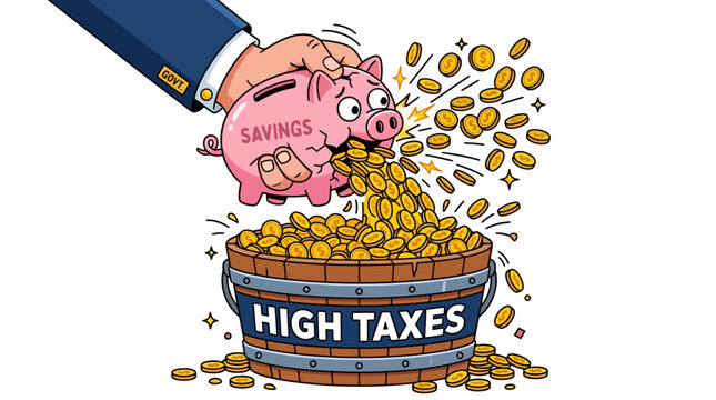 Government hand breaking a savings piggy bank into high taxes bucket concept vector illustration.