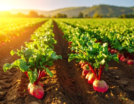 Rows of vibrant red beets growing in a sun-drenched field