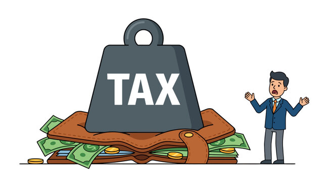 Heavy tax weight crushing a brown leather wallet full of money vector illustration.