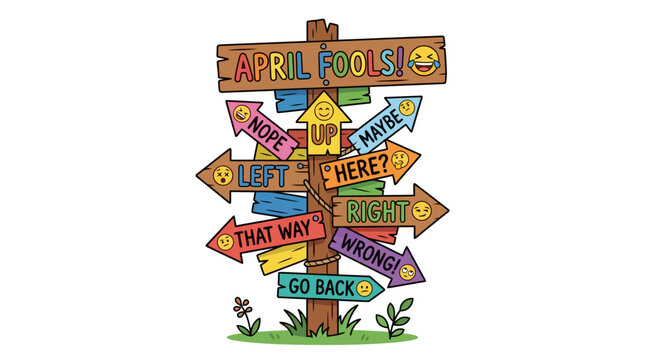 Funny confusing wooden directional signpost for April Fools Day with emojis and wrong turns.