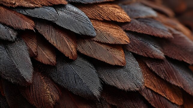 Cinematic macro shot of rich brown and dark textured lyrebird feathers showing layered organic patterns.