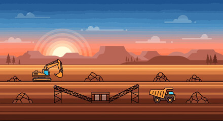 Pixel Art Mining Scene: Excavator, Dump Truck, and Conveyor Belt at Sunset © Mahfud