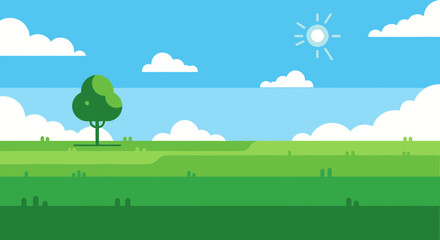 Fototapeta premium Flat design landscape with green field, tree, sun and clouds, simple cartoon style
