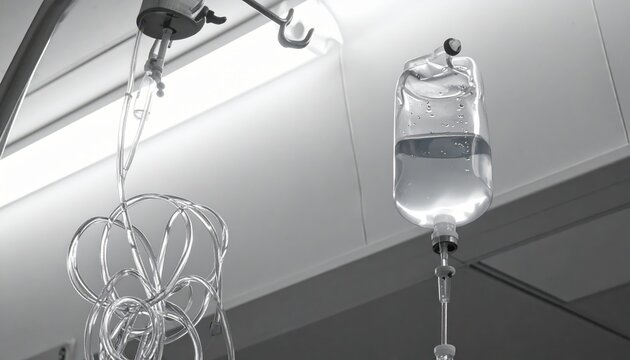 Intravenous IV drip bag filled with clear saline solution hanging from a metal stand in a clinical setting