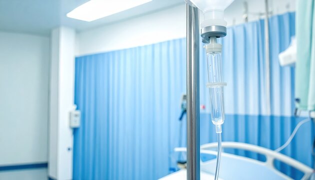 Intravenous IV drip bag with clear saline solution hanging from a metal stand in a hospital room with blue curtains