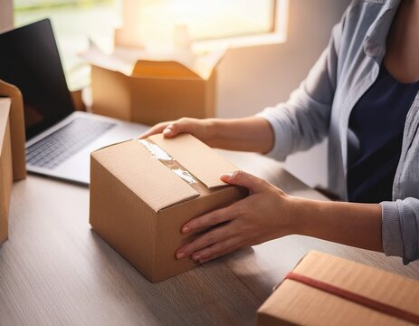 hands preparing packaging material for business workflow and repacking tasks