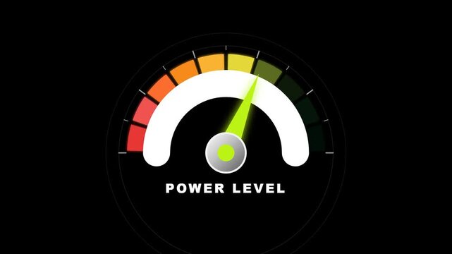 Animated power level indicator showing energy measurement on a clean black background, concept of performance monitoring and technological efficiency.