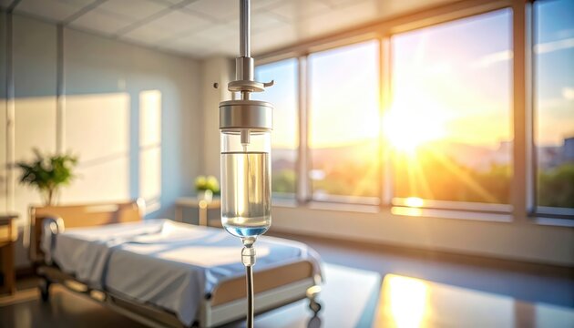 Intravenous saline drip bag hangs in a bright hospital room with large windows overlooking a sunny landscape, symbolizing care and recovery.
