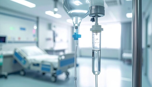 Intravenous saline solution drip bag hanging in a hospital room near a patient bed