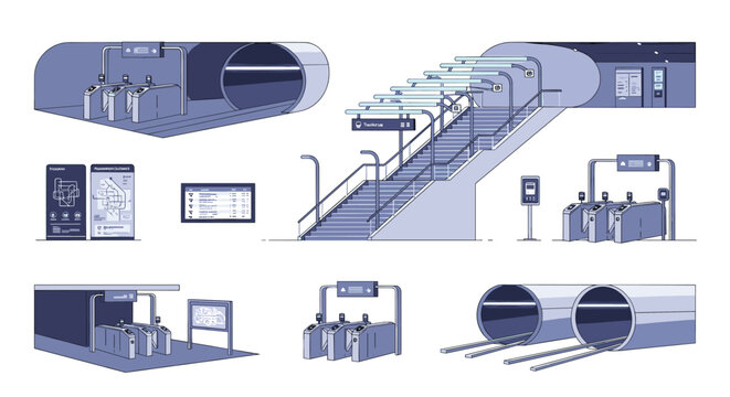 Collection of isometric elements representing a modern underground subway station, including turnstiles, stairs, and train tunnels.
