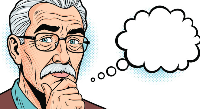 Pop art style illustration of a pensive senior man with glasses and gray hair, featuring a blank thought bubble for text.