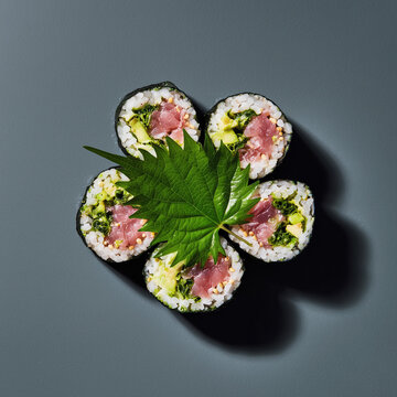 Five sushi rolls arranged in a flower shape with a green leaf in the center on a gray background