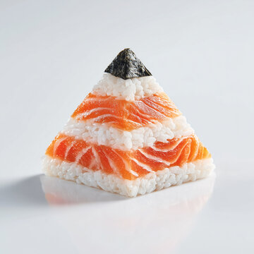 A pyramid-shaped sushi tower made of rice and fresh salmon, topped with nori