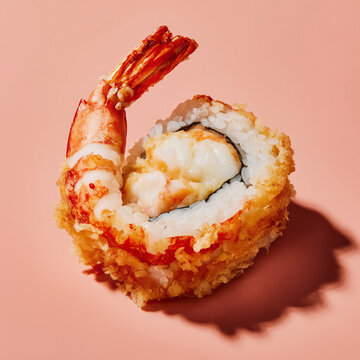 A delicious shrimp sushi roll with a tempura coating on a pink background