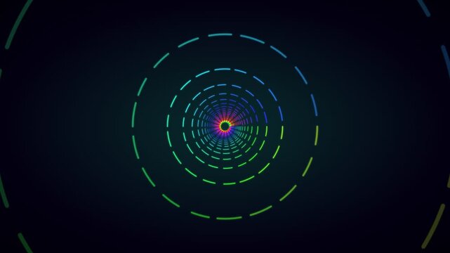 Abstract rainbow neon tunnel of dashed circles on black background