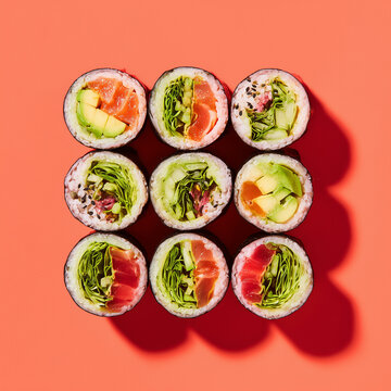 Nine pieces of sushi arranged in a grid on a coral background