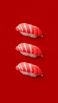Three salmon sushi on a red background, japanese cuisine