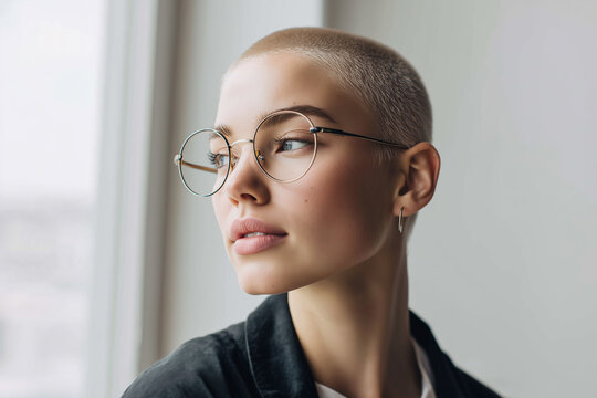 Portrait of a young woman with a buzz cut and glasses, looking away from the camera, contemplative and sophisticated