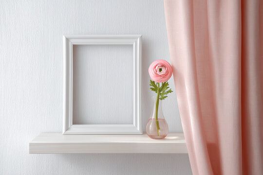 A simple white frame on a shelf with a pink flower in a vase and a pink curtain