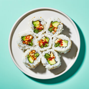 Delicious sushi rolls with avocado and sesame seeds arranged on a plate