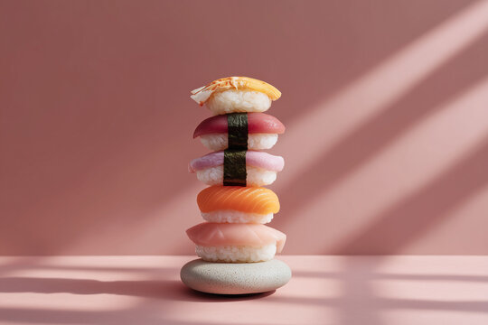 A stack of five delicious sushi on a pink background with shadows