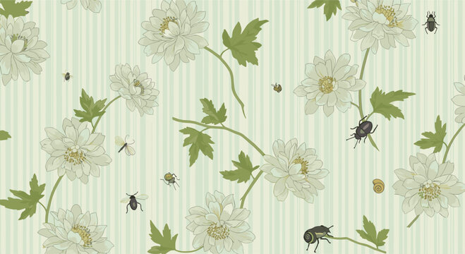 Botanical pattern with white flowers, green leaves, and various insects like beetles on a striped green background.