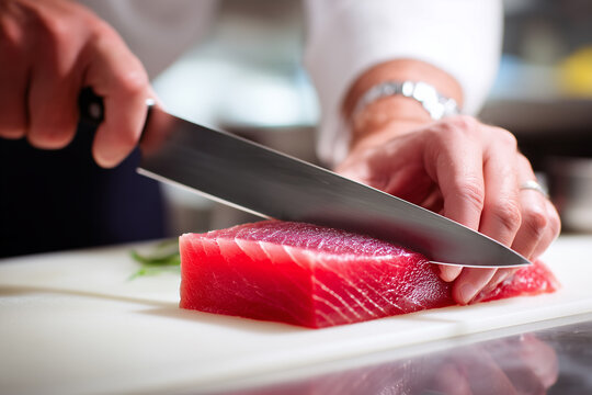 A close-up shot of a chef meticulously slicing a vibrant red piece of tuna on a white cutting board, highlighting culinary skill