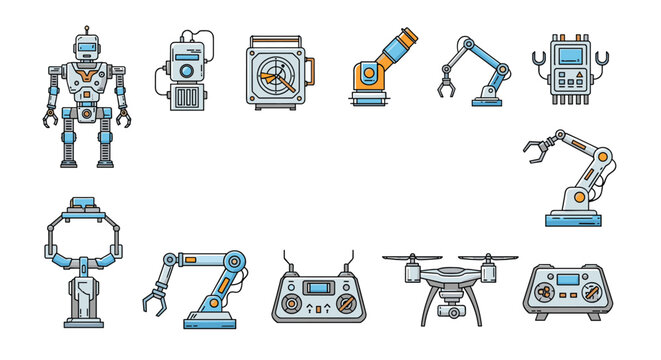 Collection of industrial robotic arms and technology icons like drones, radars, and controllers for automation.