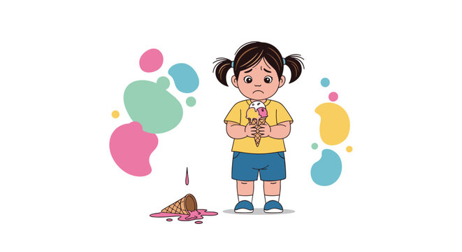 Little girl with pigtails looking very sad and disappointed because her ice cream cone has fallen onto the ground.