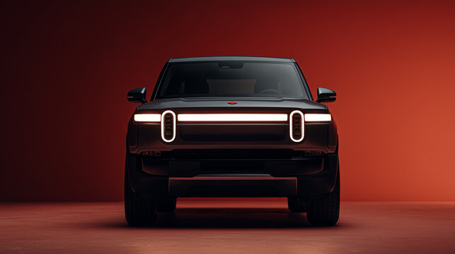 Front view of a black electric SUV with illuminated lights on a red gradient background