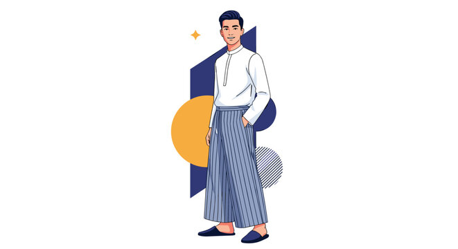 Stylish man dressed in traditional baju melayu attire stands confidently against a minimalist geometric background.
